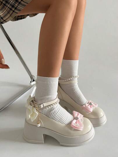 1 Pair Bow Punk Buckle Pure Metal Mary Jane Platform Shoes, Suitable For Office Wear All Seasons