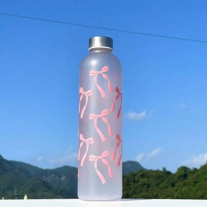 1000ml (33.81oz) Matte Finish Bow Water Bottle - Thick PC + Stainless Steel Lid. Leak-Proof, Portable And Easy To Clean - Can Hold Water, Juice, Lemonade, Mixed Tea, Etc. Suitable For Gym, Home, Office, Travel, School. Water Bottle, Tumbler, Bow, Sports Water Bottle, Student Water Bottle, Drinkware, Large Capacity Beverage Container. Popular In EU, US, Middle East And Southeast Asia | Stylish Sports Essential