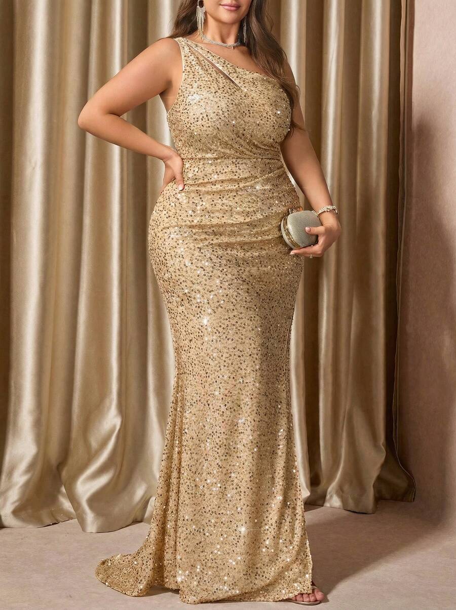 Voworia Plus Size Elegant Sequin Asymmetric Neck High Slit Maxi Dress
