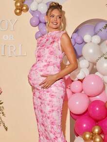 Loomaby Pregnant Women's Elegant Floral Print Asymmetrical Neck Fitted Dress, Suitable For Party And Vacation, Summer,Gender Reveal Dress,Maternity Dress, Baby Shower Dress - 粉色 - 查看 6