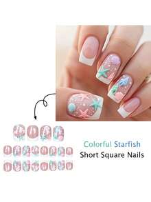 24pcs Short Simple Shell Style False Nails, Cute Shell & Starfish Decor, Bubble Decor, Suitable For Summer Beach Vacation, Short Full Cover False Nails, Suitable For Women's Summer Vacation, Beach Outing, Daily Use, Party, Date And Other Occasions - Multicolor - View 5