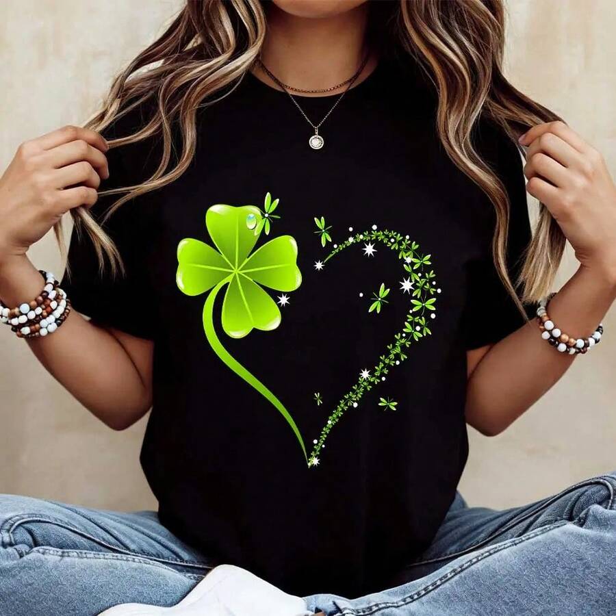 2026 St. Patrick's Day Celebration Crew Neck T-Shirt With Four Leaf Clover And Heart Design, Women's Summer Outfit - Black - View 1