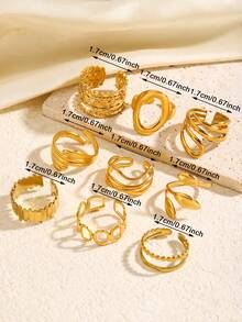 4 pezzi/5 pezzi Set di anelli in acciaio inossidabile placcato oro 18K con linee geometriche minimaliste ed eleganti e motivi a foglia ovale, adatti per uso quotidiano, festival, feste, shopping, appuntamenti, regalo di gioielli chic per le donne - Multicolore - Visualizzare 5