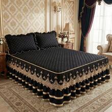 1pc Minimalist Comfortable Solid Color Quilted Lace Bed Skirt, Soft Skin-Friendly Dust-Proof Anti-Slip, Multiple Sizes Suitable For Bedroom Hotel Bedding (Pillow Case Not Included) - Black - View 10