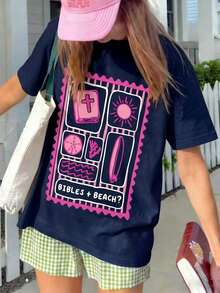 Bibles + Beach 圖案印花 T-shirt，經典海岸信仰印花短袖上衣，夏季度假休閒衝浪風上衣 - 藏蓝色 - 查看 7