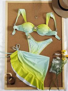 Conjunto de traje de baño tipo tankini de 3 piezas de unicolor, con diseño de tirantes anchos y con aros para un soporte cómodo, estilo de playa de moda, perfecto para vacaciones en la playa y fiestas en la piscina durante el verano - Verde degradado - Ver 3
