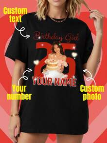 Women Custom Birthday Gift T‑Shirt, Personalized Tee With Custom Text & Image, Upload Your Own Photos & Words, Casual Short Sleeve Custom Apparel - Black - View 4