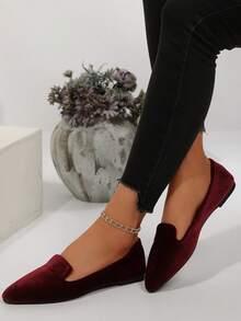 Women's Pointed Toe Patterned Flat Shoes, New Autumn Outdoor Daily Loafers, Fashion Fabric Soft Bottom Driving Shoes, Comfortable Versatile Slip-On Shoes, Suitable With Dresses, Lightweight Breathable Office Shoes, Mother's Day Gift, Random Pattern - Burgundy Velvet - View 4