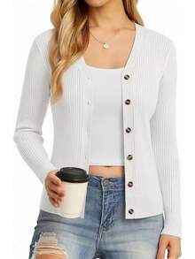 Women's Long Sleeve Button Up Cardigan Sweaters Ribbed Knit Open Front Casual - Bright White - View 9