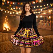 Junior/Adult June Festival Skirt, Country Style Checkered, Round, Square Dance, Saint John's Day, Ruffled, Printed - Black - View 3