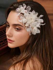 1pc Handmade Chiffon White Flower Lace Hair Clip, Photography Studio Wedding Dress Headpiece Accessory - Champagne - View 6