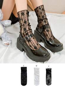 1/3 Pairs Floral Lace Ruffle Socks. Ultra-Thin Sheer Women's Mid-Calf Socks. Decorative Socks To Pair With Leather Shoes And Sandals In Spring/Summer. Soft Mesh Socks. Sweet Socks. Backless Socks - Multicolor - View 35