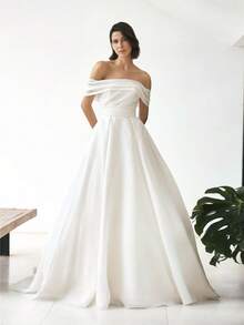 Romantique Coupe en A Bridal Encolure cœur Sans manches Satin Robe de mariée, Design classique, Perfect for Cérémonie de mariage, Soirée de mariage - Blanc - Voir 1