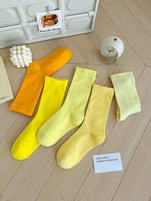5 Pairs Random Yellow Tone Comfortable Breathable Mid-Calf Socks, Versatile Daily Wear - Multicolor - View 4