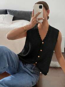 Camiseta de punto de unicolor para mujer, top de punto sin mangas casual adecuado para el verano, suéter de punto de moda para uso diario en color negro - Negro - Ver 2