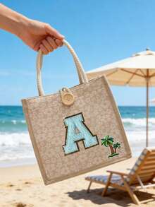 1 Pc Towel Embroidered Initials Pattern Handbag,Flower Printed Linen Handbag,Small Floral Linen Button Decorative Handbag,Simple Large-Capacity Handbag, Portable Casual Storage Tote Bag, Multifunctional Shopping Bag,New Design, Large Capacity, Ideal For Shopping, Shoulder Bag, Handbag, Lunch Bag - Multicolor - View 5