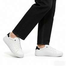 Men's Black & White Leather Sneakers, Soft, Breathable, Durable, Lace-Up Low-Top Embossed Pattern Design, Casual Streetwear Vacation Shoes For Spring & Autumn - White - View 1