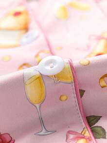 2 pezzi Set pigiama da donna con stampa rosa romantica, in tessuto di seta di qualità, morbido e delicato sulla pelle, camicia con maniche corte e pantaloncini larghi e comodi con bottoni, stile femminile per il pigiama - Rosa - Visualizzare 7