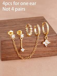 Bộ 4 khuyên tai hoa tinh tế dành cho nữ, mạ vàng 18K, thiết kế hình học đơn giản, đính đá Zirconia, dây tua rua, trang sức xỏ tai thời trang. - 3 chiếc màu vàng - Xem 7