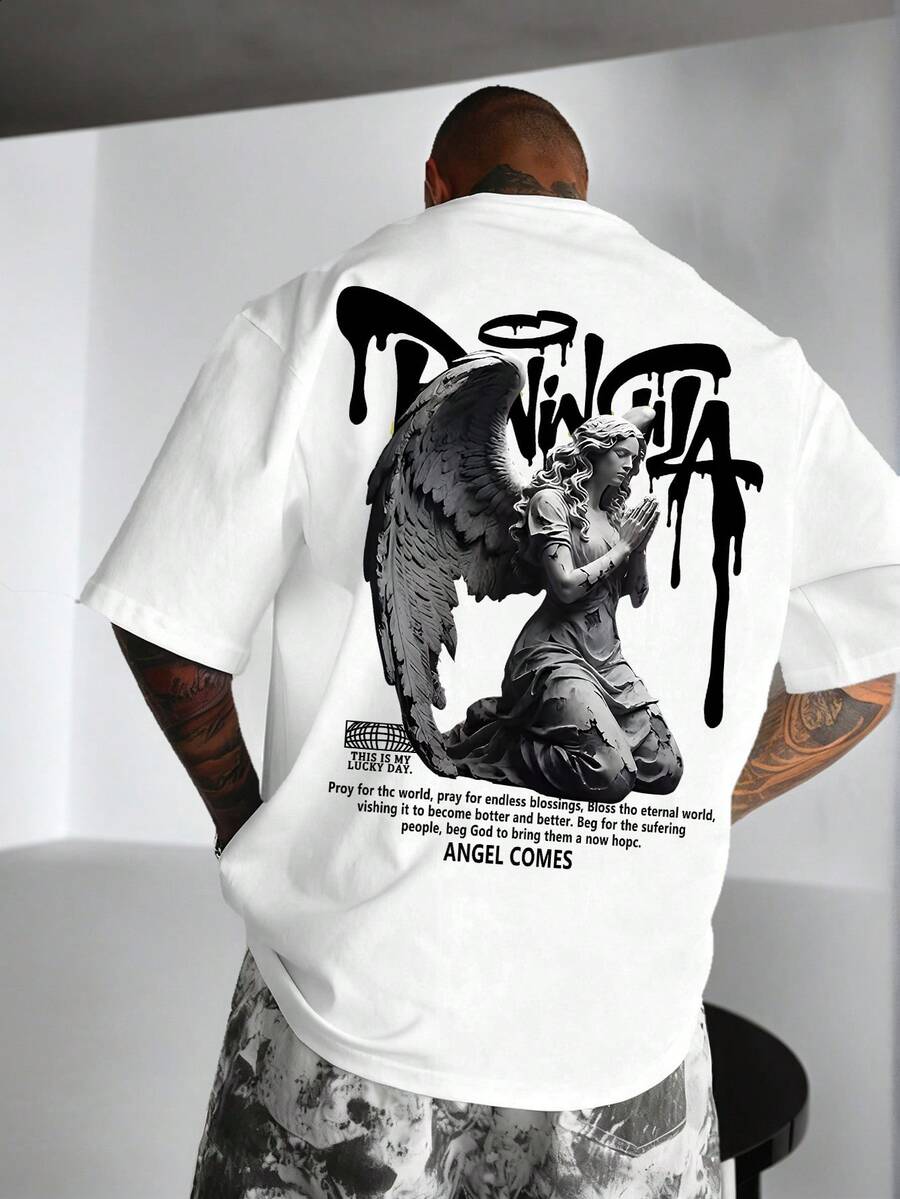 Zrgoth Men's Casual Versatile Minimalist Angel Sculpture Dark Portrait Print Element Short Sleeve T-Shirt