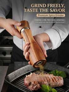 Premium Acacia Wood Salt And Pepper Grinder Set - Manual Spice Mill With Adjustable Coarseness Ceramic Core - Professional Wood Pepper Mill For Sea Salt, Peppercorn & Spices - Refillable Kitchen Tools - 咖啡棕 - 查看 8