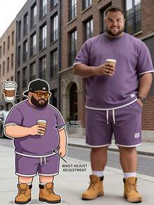 Plus Size Jacquard Short Sleeve & Shorts Set, Jacquard Round Neck T-Shirt, Straight 5-Inch Shorts, Suitable For Summer Travel & Beach - Purple - View 8