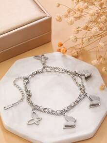 1 pieza Pulsera de acero inoxidable de doble capa con diseño elegante y de mariposa, adecuada para el trabajo, vacaciones o citas de las mujeres - 1 pulsera - Ver 10