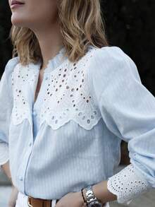 Spring/Summer New Arrival French Style Light Blue Striped Lace Patchwork Hollow Out Collar Blouse For Women - Light Wash - View 8