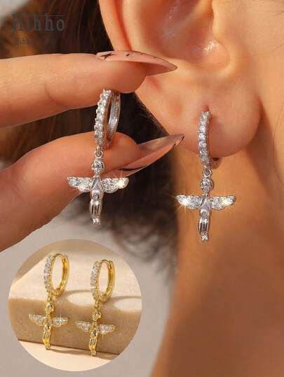 Hihho 1 Đôi bông tai hình thiên thần đính đá Zirconia, mạ vàng/bạc, kiểu dáng sang trọng, lấp lánh với những viên đá Zirconia được sắp xếp khít nhau, thích hợp cho sử dụng hàng ngày, hẹn hò, dự tiệc và các dịp khác.