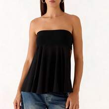 Women's Strapless Backless Tie Back Peplum Top - Off Shoulder Flowy Ruffle Hem Blouse - Black - View 2