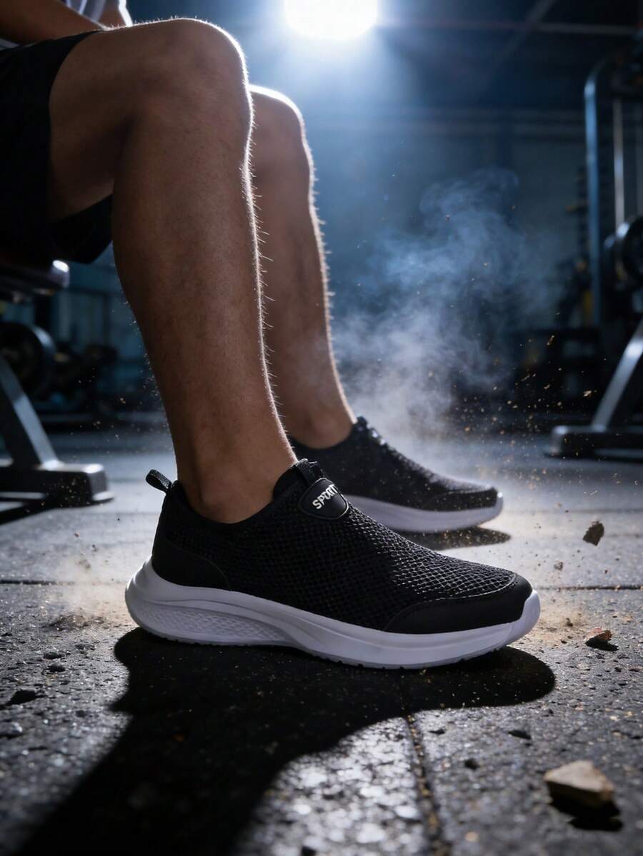 Plus Size Unisex Slip On Mesh Breathable Sneakers - Casual Sports Shoes With Non-Slip Thick Sole (Multi Color Options) - 黑色 - 查看 1