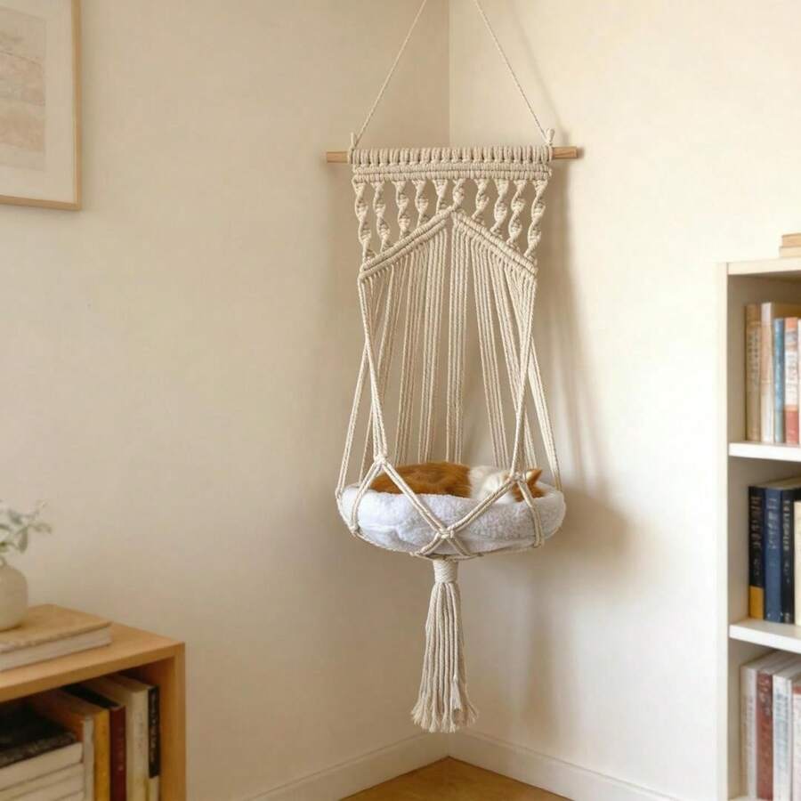 1 chiếc võng cho mèo bằng macrame, giường ngủ treo tường chắc chắn cho mèo, kiểu dáng Bohemian, võng treo nghệ thuật sợi thủ công cho mèo, phù hợp cho mọi mùa - Không bao gồm đệm. - Màu be - Xem 1