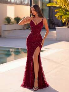 ADYCE 女士优雅亮片刺绣吊带镂空高腰高开衩露背系带礼服，适合舞会、婚礼宾客、返校节、约会之夜、正式晚宴、生日派对、节日派对、家庭聚会、新年等各种场合，也适合情人节和春季穿着。 - 酒紅色 - 查看 6