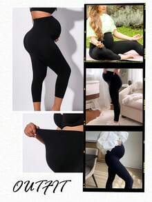 Maternity High Waist Abdominal Support 3/4 Pants With Expandable Belly Pad - Black - View 4