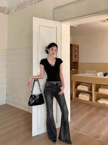 High Waist Flare Leg Slim Fit Fringed Casual Women Jeans, Solid Color, All Season - Black - View 7
