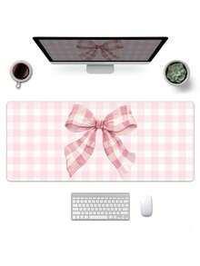 1个粉色格子蝴蝶结图案鼠标垫，橡胶材质桌面垫，适用于台式电脑/笔记本电脑、办公/游戏键盘，防滑鼠标垫 - 查看 2