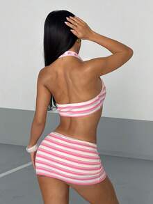 AITYI Studio, Conjunto de dos piezas para mujer, Moda, Casual, Uso diario, Estilo de vacaciones en la playa, Conjunto de dos piezas de verano, Falda anti-exposición, Top halter, Alta calidad, Temporada de vuelta al colegio, Festival de música - Multicolor - Ver 2