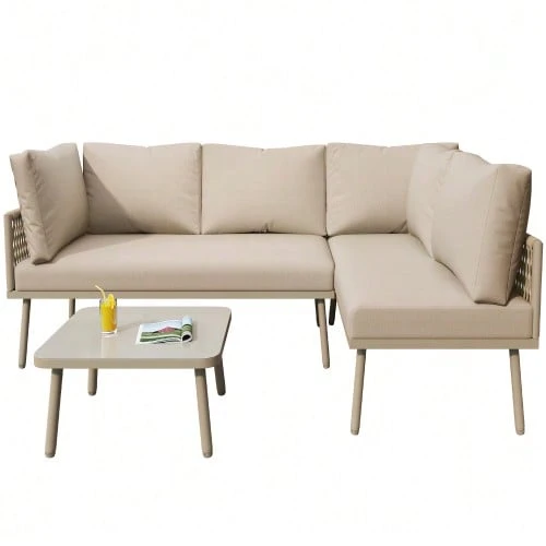 Iron Garden Lounge Set, Green Rope Garden Furniture Set, L-Shaped Garden Furniture Set, Green Rope Lounge Set With Seat Cushions, Adjustable Legs, 2 Sofas And 1 Table - Khaki - View 1