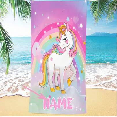 1 Khăn tắm biển in hình kỳ lân cầu vồng cá nhân hóa, khăn mềm nhanh khô, in tên theo yêu cầu, khăn họa tiết kỳ lân dễ thương dùng cho bãi biển, hồ bơi, kỳ nghỉ, quà tặng cho bé gái, 100% polyester
