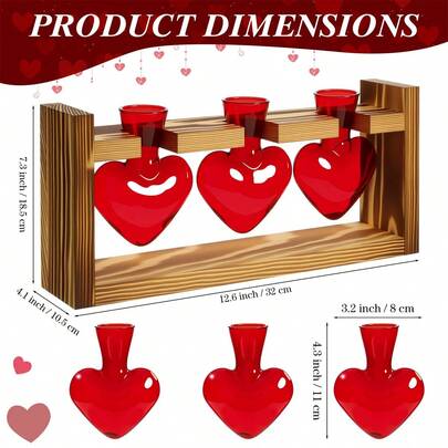 心形玻璃花盆配木质支架，心形玻璃花瓶，桌面水培站，母亲节及植物爱好者礼物，播种器，桌面播种机，适合家居装饰