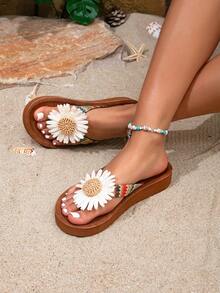 Sandalias de verano trenzadas con flores blancas para mujer, chanclas planas casuales de playa - Beis - Ver 4