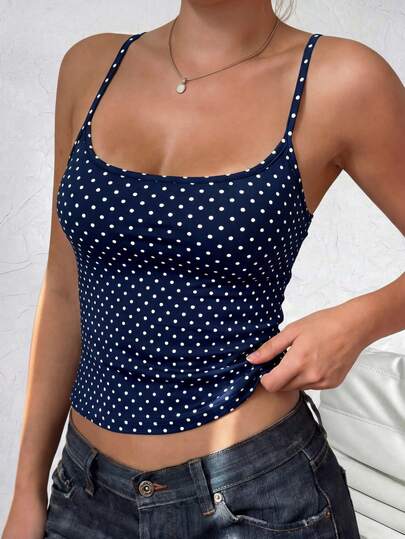 Women's Fashion Navy Blue Polka Dot Print Round Neck Fitted Casual Vacation Sexy Camisole Top, Beach Outfit Summer