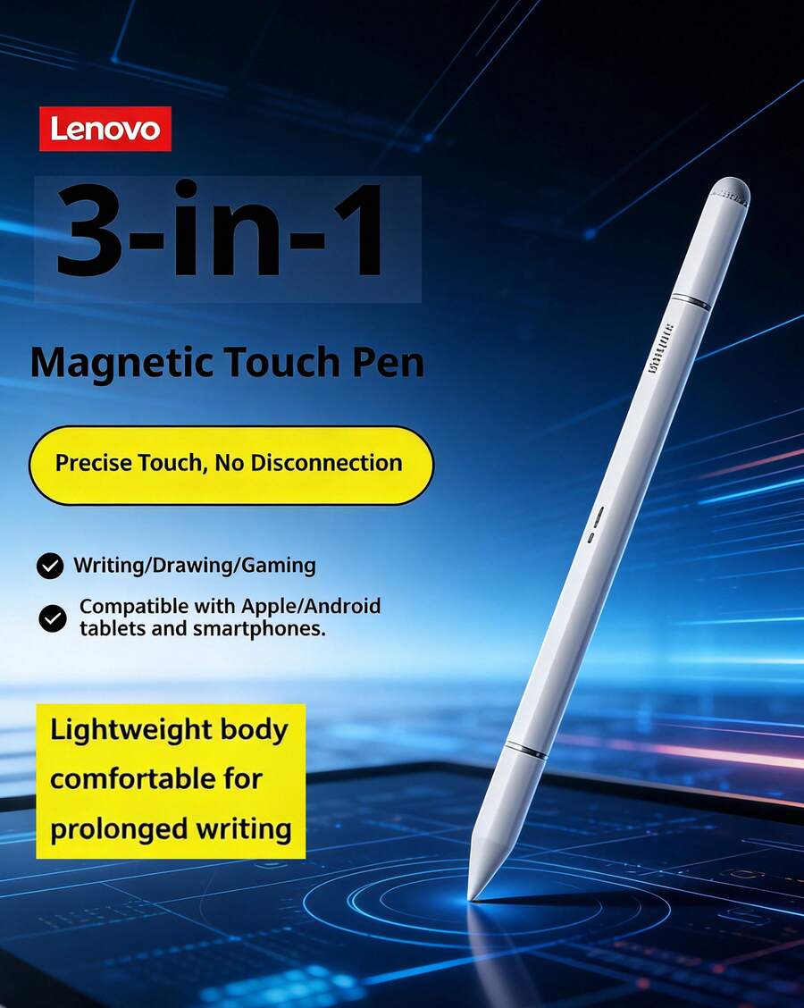 Lenovo BP28 3-In-1 Universal Pen, Passive Capacitive Pen, Magnetic Adhesion Stylus, High Sensitivity, Pixel-Level Positioning, Replaceable Tip, Handwriting Creation For Tablets And Phones, Compatible With Android And IOS Phones And Tablets - View 1