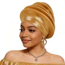 Shimmer African Head Wraps Solid Color Multi-Layer Church Turban For Women Stretch Hat - Gold - View 5