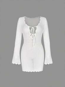 Women's 2026 New Summer Beach Vacation Music Festival Versatile Wavy Hem Tie-Up Sheer Fitted Long Sleeve Crochet Cover-Up Dress White - 白色 - 查看 5