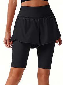 1 Set de Shorts deportivos de cintura alta de 2 en 1 con bolsillos con cremallera, de unicolor, multiusos, minimalistas, para fitness, yoga y running, de nueva temporada primavera/verano - Negro - Ver 3