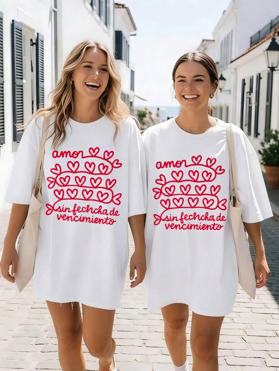 Camiseta casual de talla grande con estampado de corazones blancos de manga corta y cuello redondo para mujer, camiseta elegante de corte regular - Blanco - Ver 1
