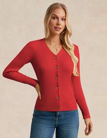 Women's Long Sleeve Button Up Cardigan Sweaters Ribbed Knit Open Front Casual - Red - View 4