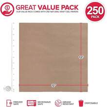 12 Squares (250 Pack) - Kraft Papers - Greaseproof Liners Food Boats - Pre Cut Sandwich Wrappers - Food Basket Sheets BBQ, Picnic, Festival, Fair - - Kraft + 250 Count - View 2