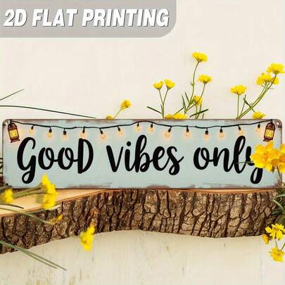 2D平面复古“Good Vibes Only”金属墙饰，单件装 - 复古农舍风格装饰，哑光薄荷绿背景，无需用电，易于悬挂于客厅、卧室、厨房、办公室或玄关 - 正能量家居装饰，艺术装饰设计，手工质感，装饰牌匾，室内设计师专属，2D平面